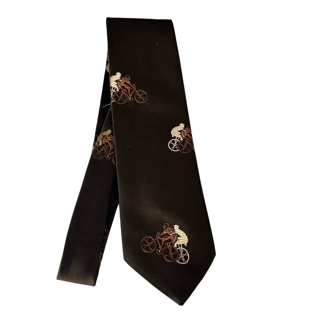 Vintage Damon Mens Brown Bicycle Novelty Embroidered‎ Wide Necktie 70s Polyester
